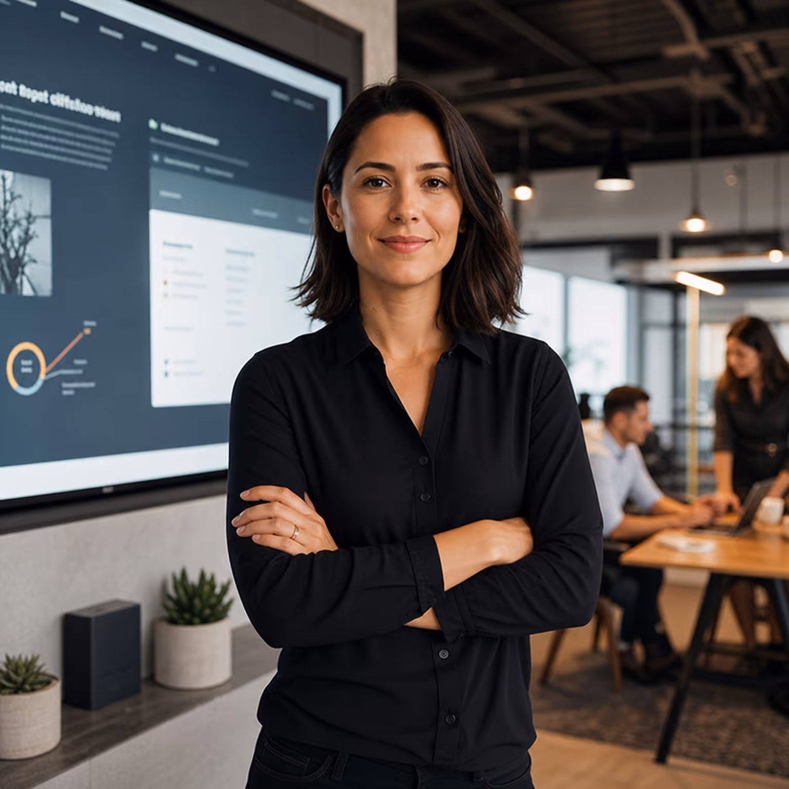 Person sitting at a conference table analyzing marketing funnel diagrams on a laptop in an industrial-style office.