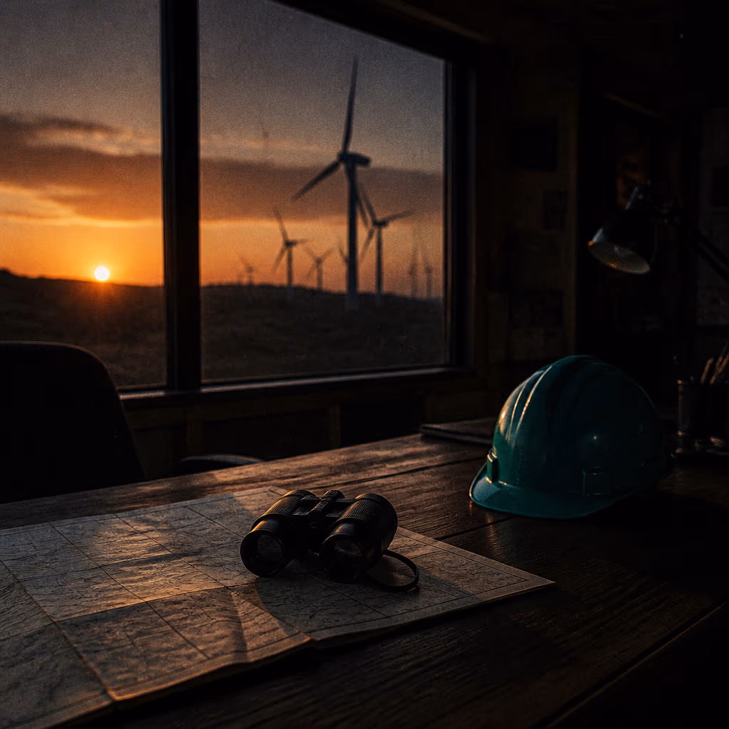 Field office desk with a mint hard hat, binoculars and a map in front of a window with wind turbines at sunset.