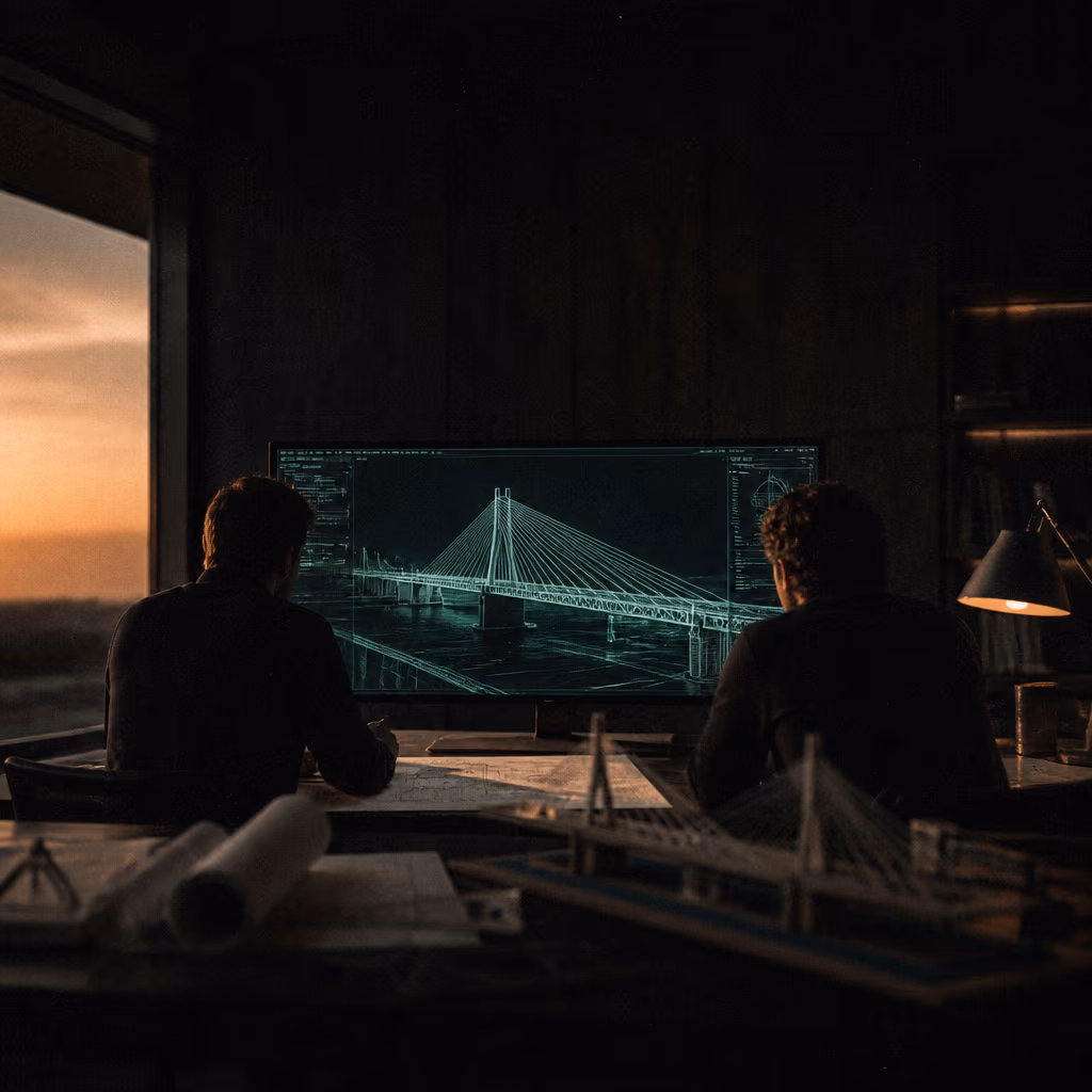 Two engineers in silhouette review a bridge structural model on a monitor, among blueprints and a scale model, in a dark office at dusk.