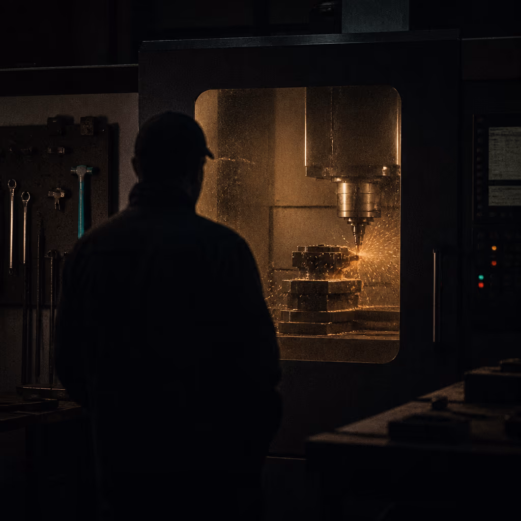 Silhouette of a machinist watching a CNC machine work through its safety window in a dark industrial workshop.