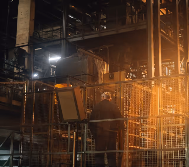Worker in dark clothing standing behind a safety fence in a dimly lit industrial factory setting.