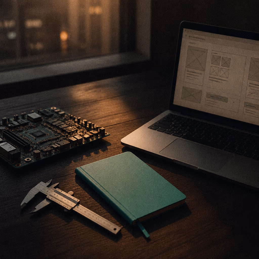 Electronic circuit board and caliper beside a laptop showing website wireframes and a mint notebook, on a dark wood desk.